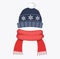 Winter hat cap with snowflake and pompom red scarf flat design vector illustration