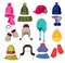 Winter hat cartoon. Headwear cap scarf and other fashion accessories clothes in flat style vector illustrations