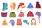 Winter hats hand drawn color vector illustration set