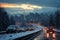 Winter highway. Snowfall in city traffic jam in winter, background seasonal snow highway road