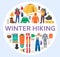 Winter hiking gear circle composition, flat vector illustration. Mountain travel, winter trekking equipment.