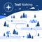 Winter hiking map, snow forest trail, running or cycling path, orienteering game, white landscape with hills and trees