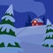 Winter hilly night landscape with house and fir trees. Country life. Snow, cold, frost. Vector cartoon illustration