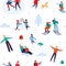 Winter holiday activities seamless pattern. Happy people walking outdoor, december holidays and winters snow fun vector