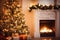 Winter holiday atmosphere in a warm room with a Christmas tree full of lights and toys near a cute fireplace with gifts. Christmas