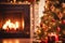 Winter holiday atmosphere in a warm room with a Christmas tree full of lights and toys near a cute fireplace with gifts. Christmas