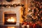 Winter holiday atmosphere in a warm room with a Christmas tree full of lights and toys near a cute fireplace with gifts. Christmas