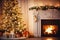 Winter holiday atmosphere in a warm room with a Christmas tree full of lights and toys near a cute fireplace with gifts. Christmas