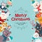 Winter holiday banner with cute animals, Santa Claus, elf character, fir tree, text congratulation. Vector cartoon flat illustrati