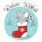 Winter holiday card design. Cute little mouse in a Christmas stocking