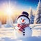 Winter holiday christmas background banner Closeup of cute funny laughing snowman with wool hat and on snowy snow