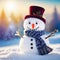 Winter holiday christmas background banner Closeup of cute funny laughing snowman with wool hat and on snowy snow