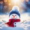 Winter holiday christmas background banner Closeup of cute funny laughing snowman with wool hat and on snowy snow