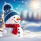 Winter holiday christmas background banner Closeup of cute funny laughing snowman with wool hat and on snowy snow
