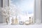 Winter Holiday Cosmetics Display on White Podium, Christmas Concept