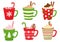 Winter holiday cups with drinks. Mugs with hot chocolate, cocoa or coffee, and cream. Gingerbread man cookie, candy cane, cinnamon