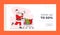 Winter Holiday Discount Landing Page Template. Santa Claus with Loudspeaker Pushing Trolley Announcing Christmas Sale