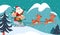 Winter holiday illustration with cute animal deers, elves, Santa Claus characters sledging at snowy forest mountain landscape.