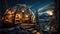 Winter holiday in a luxury modern glass igloo hotel with beautiful view on mountains, forest and night sky