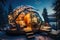 Winter holiday in a luxury modern glass igloo hotel with beautiful view on mountains, forest and night sky