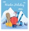 Winter holiday poster - extreme sport equipment on snow mountain background