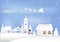 Winter holiday santa and snowman in city town blue sky background. Christmas season paper art style illustration.
