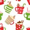 Winter holiday seamless pattern for Christmas, mugs with hot drinks. Vector