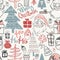 Winter holiday seamless pattern with doodle hand drawn Santa, tr