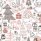 Winter holiday seamless pattern with doodle hand drawn Santa, tr