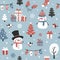 Winter holiday seamless pattern with snowman, gifts, and Christmas tree