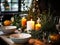 Winter holiday season festive dining table decoration with candles and beautiful tableware, elegant table decor