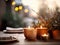 Winter holiday season festive dining table decoration with candles and beautiful tableware, elegant table decor