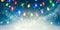 Winter holiday snow background decorated with colorful light bulbs garland. Snowflakes. Christmas and New Year abstract backdrop
