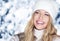 Winter holiday travel, lifestyle and fashion, beautiful happy woman and snowy forest, nature, ski resort and leisure