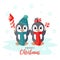 Winter Holiday vector christmas card with smiling cute penguins kids