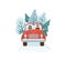 Winter holiday vector illustration. Happy man driving old red car. People ride the road on a winter tourist trip. Tree