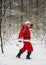 Winter holiday. The vital life. Santa Claus with a sleigh walking in a snowy woods