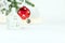 Winter holidays background with green christmas tree branch, glass balls, light garlands