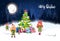 Winter Holidays Background Merry Christmas Lettering Over Night Forest Landscape Fir Tree And Cute Elfs