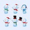 Winter holidays cute snowman collection of christmas. Cheerful snowman in different poses. Snowman with hat earmuffs and scarf.