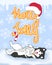 winter holidays holly jolly gold slogan new year and christmas greeting card with cute funny husky dog with santa hat and candy