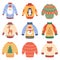 Winter holidays jumpers. Cute xmas woollen sweaters, cozy Christmas winter garments vector illustration set. Christmas