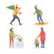 Winter holidays outdoor activities. Young man carries Christmas tree, woman with child, girl sculpts snowman, snowboarder.