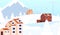 Winter holidays resort. Snow forest cottage, christmas scene with ski lift. Hotel chalet landscape, leisure in mountains