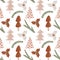 Winter holly tree, fir branches and simple Christmas trees seamless pattern