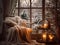 Winter home interior, cozy warm house decoration for cold seasonal holidays, room decor with sofa, pillows and soft