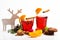 Winter hot drinks concept. Glasses with mulled wine or hot drink near wooden deer decoration on white background, close