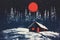 Winter House, cabin, in the snowy winter Forest, background image, winter landscape