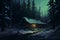 Winter House, cabin, in the snowy winter Forest, background image, winter landscape