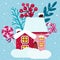 Winter house with candy, snowflake, berries, leaves. Vector illustration is good for Christmas card, background.